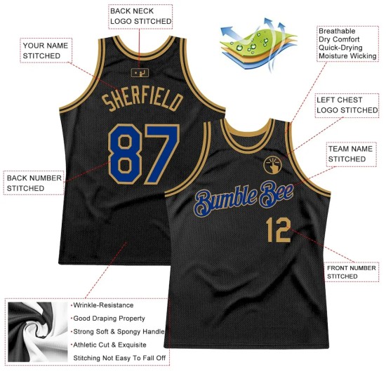 Custom Black Royal-Old Gold Authentic Throwback Basketball Jersey