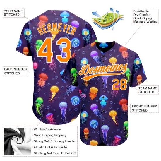 Custom Purple Bay Orange-White 3D Pattern Design Colorful Cartoon Jellyfish Authentic Baseball Jersey