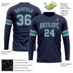 Custom Navy Gray-Aqua Long Sleeve Performance Salute To Service T-Shirt Custom Navy Gray-Aqua Long Sleeve Performance Salute To Service T-Shirt