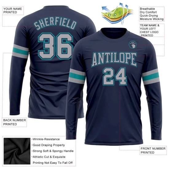 Custom Navy Gray-Aqua Long Sleeve Performance Salute To Service T-Shirt Custom Navy Gray-Aqua Long Sleeve Performance Salute To Service T-Shirt