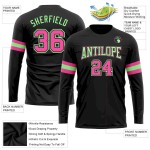 Custom Black Pink-Pea Green Long Sleeve Performance T-Shirt Custom Black Pink-Pea Green Long Sleeve Performance T-Shirt