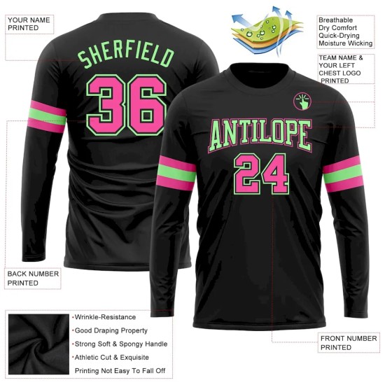 Custom Black Pink-Pea Green Long Sleeve Performance T-Shirt Custom Black Pink-Pea Green Long Sleeve Performance T-Shirt