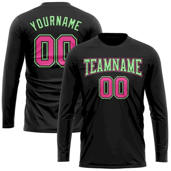 Custom Black Pink-Pea Green Long Sleeve Performance T-Shirt Custom Black Pink-Pea Green Long Sleeve Performance T-Shirt
