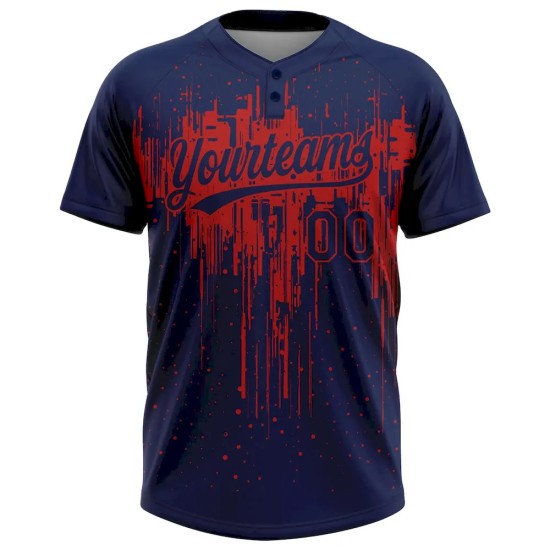 Custom Navy Red 3D Pattern Dripping Splatter Art Two-Button Unisex Softball Jersey Custom Navy Red 3D Pattern Dripping Splatter Art Two-Button Unisex Softball Jersey