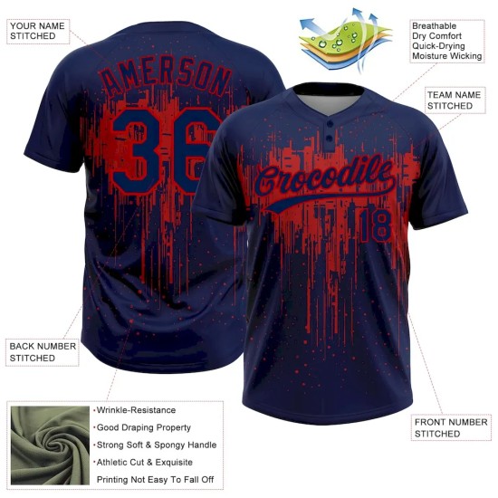 Custom Navy Red 3D Pattern Dripping Splatter Art Two-Button Unisex Softball Jersey Custom Navy Red 3D Pattern Dripping Splatter Art Two-Button Unisex Softball Jersey