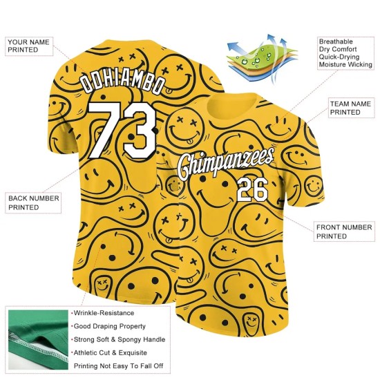 Custom Yellow White-Black 3D Pattern Design Smile Emoji Performance T-Shirt Custom Yellow White-Black 3D Pattern Design Smile Emoji Performance T-Shirt